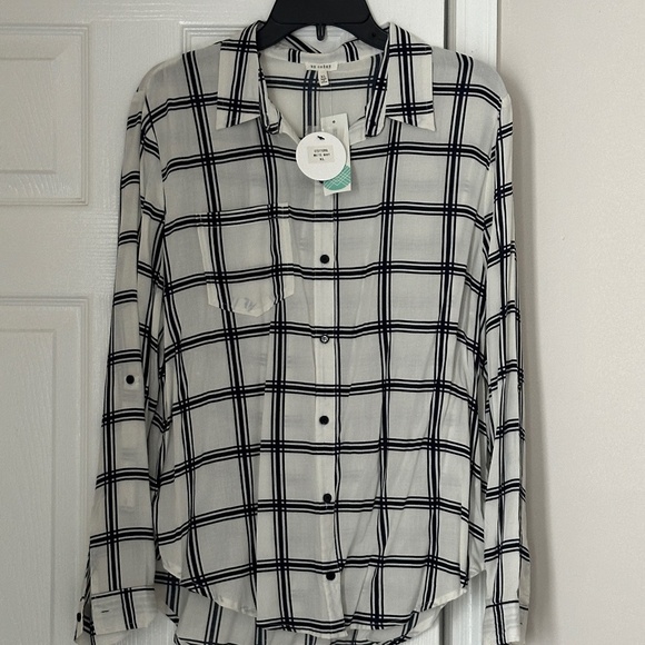 En Creme Button Down WindowPane Blouse Tunic White Black XL Brand New Light - Picture 1 of 5